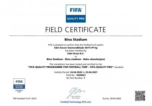 Binə stadionunun ot örtüyünə FIFA sertifikatı verildi